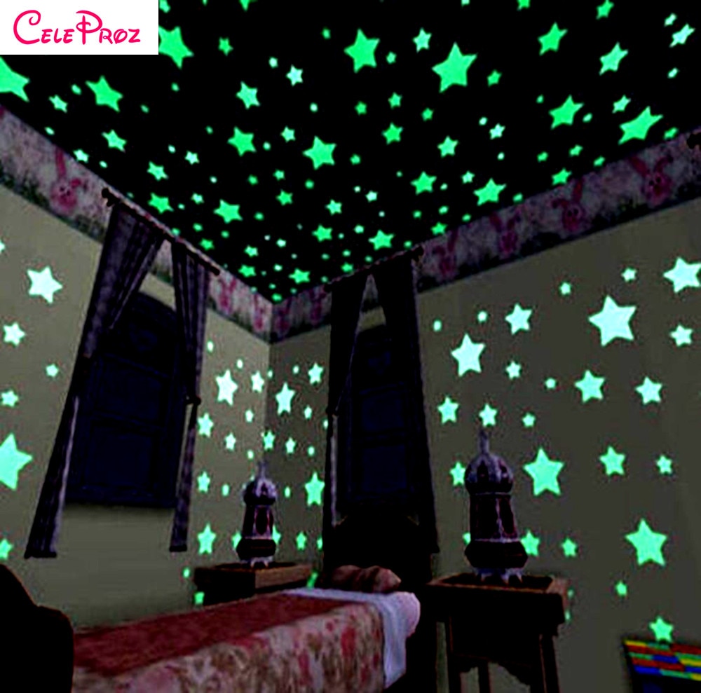 100 Pcs 3D Lichtgevende Sterren Glow in The Dark Nigh Ster muurstickers Kids Baby kamers Kleurrijke Fluorescerende Stickers Thuis decor