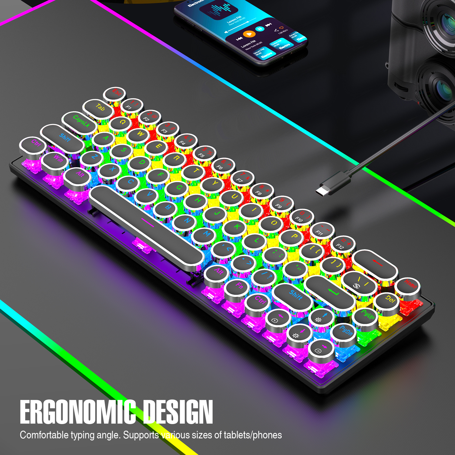 7KEYS Compact and Portable 68 Key, Retro - Style ,Detachable Cable Wired Gaming Mechanical Keyboard TW1870