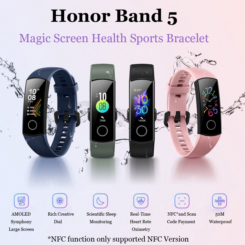 Original huawei honor band 5 pulseira inteligente oxímetro tela de toque cor mágica nadar detectar freqüência cardíaca sono nap honra band5