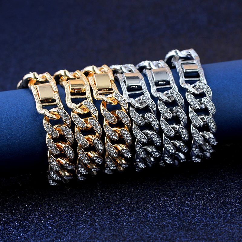 Cuban Thick Link Chain Bracelet Punk Luxury Crystal Bracelets for Women Men Jewelry Gold Color Rhinestone Bangles Bling