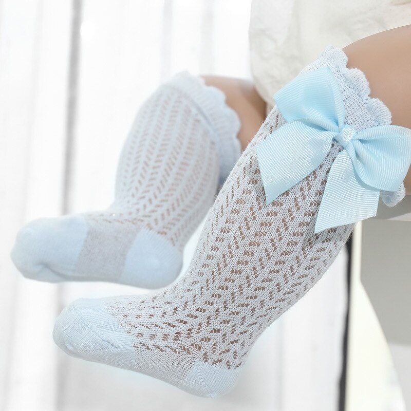 2022 Summer Baby Girls Socks Cute Big Bows Soft Cotton Elastic Solid Color Mesh Newborn Socks Knee High Long Toddler Girl Socks: Sky Blue