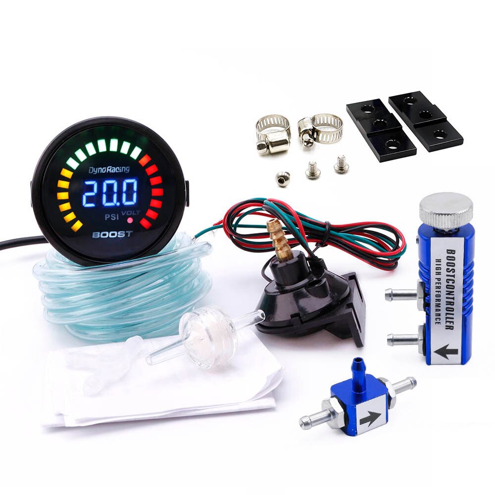 Dynoracing 2"52mm Car Digital 20 LED Turbo Boost Gauge-15-45PSI+ Adjustable Turbo Boost Controller Kit 1-30 PSI IN-CABIN: With blue control