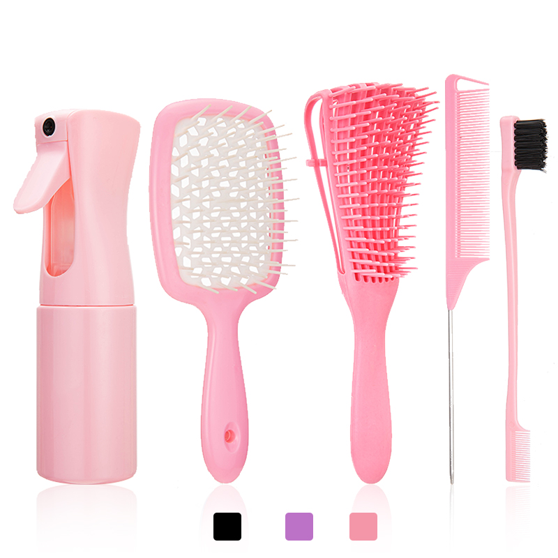 5 unids/set cepillo para desenredar el cabello, cepillo para peluca rosa, peine de cola de rata curvada, cepillo para el cabello con borde, cepillo para el cabello rizado, suministros de peluquería: Rojo