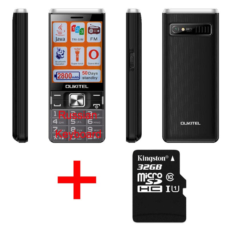 Oukitel L2801 Senior Mobiele Telefoon Gsm Fm Supter Torch Drie Triple Sim-kaart Java Lange Standby Russische Toetsenbord Micro sd MP3: Black 32GB RU