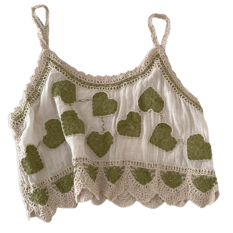 Camisola Vintage de lino y algodón para mujer, Top corto con tirantes finos y bordado de corazón a rayas, chaleco de ganchillo para playa: Beige