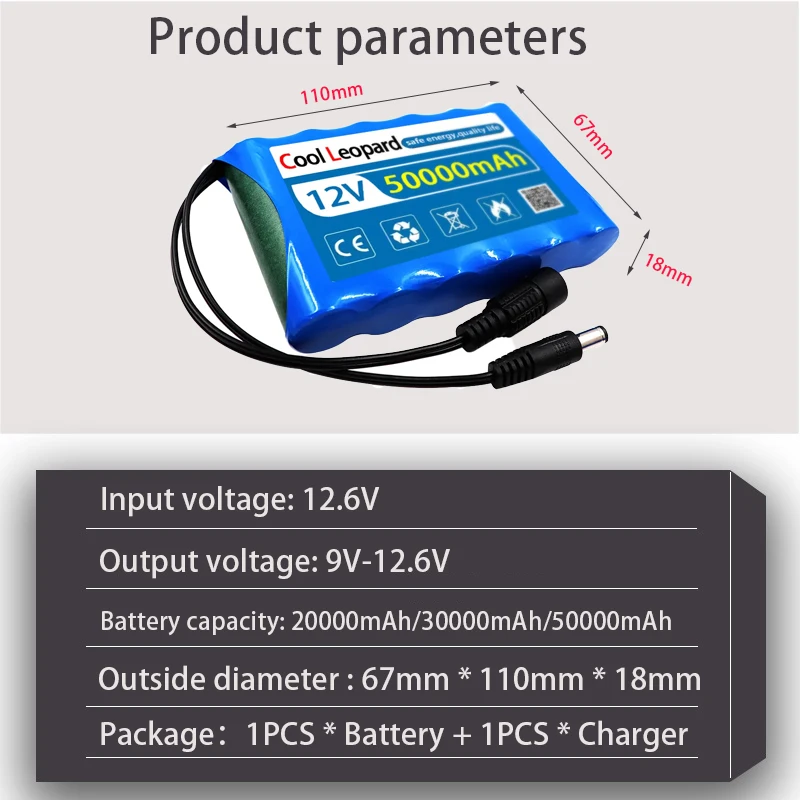 Original Portable 12V Battery,20000mAh 30000mAh 50000mAh Rechargeable Lithium-ion 18650 Battery Pack, DC 12.6V Charger