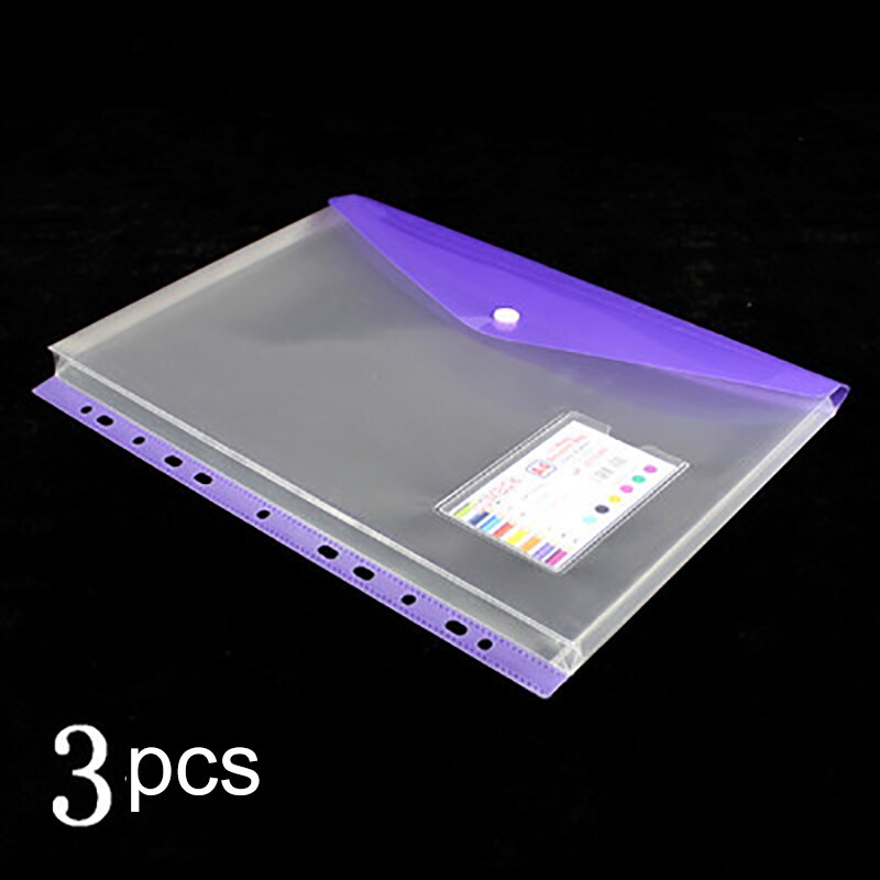 Bolsa de documentos transparente A4 de 3 piezas, carpetas de archivos de hojas sueltas de 11 agujeros, bolsa de información gruesa de película protectora a presión de gran capacidad: B purple