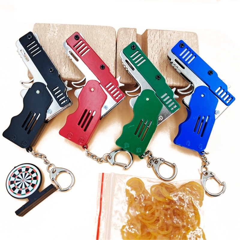 Zinc Alloy Colorful Metal Mini Can Be Folded As a Key Ring Rubber Band Gun Kids Toy Six Bursts Of Rubber Toy Gun