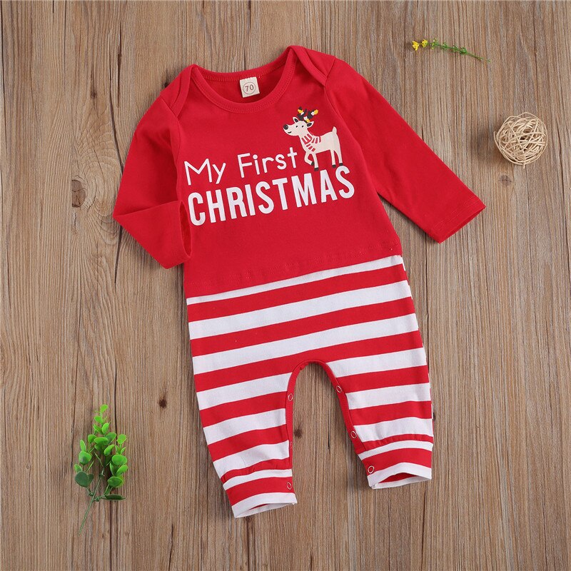 Mijn Eerste Kerst Kleding Voor Jongens Meisjes Ronde Hals Brief Cartoon Gedrukt Streep Lange Romper Jumpsuit 0-24M