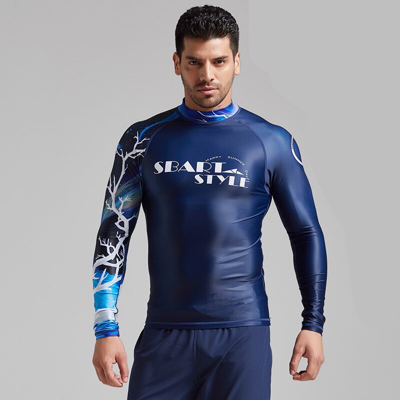 Contrast Color Rash Guard Men UV Sun Protection UPF 50+ Basic Skins Long Sleeve Crew Tee Surfing Top Floral Print Navy Blue: 214 / XL