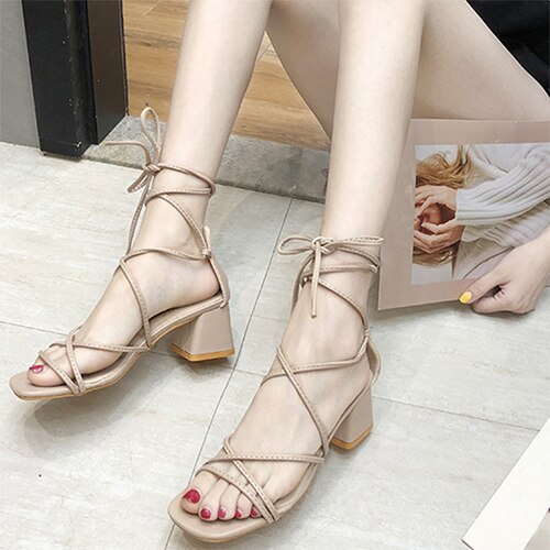 Dames sandalen gladiator dames enkelband pumps dames vierkante neus middelhoge hakken dames veterschoenen dames dikke hakken: Khaki / 8.5