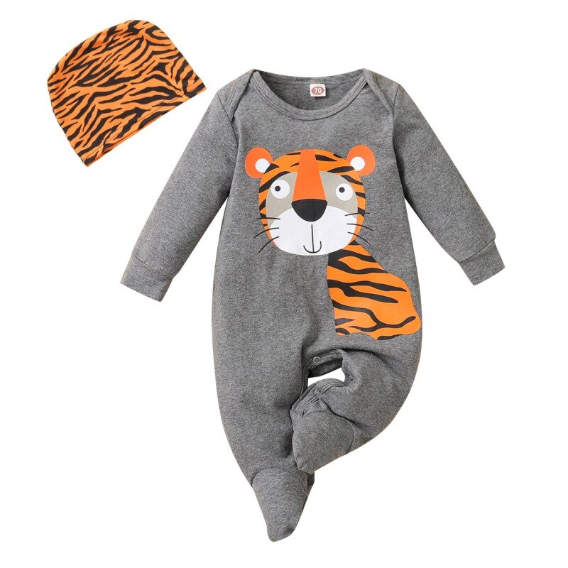 Karikatur Baby Footies Nette Tiger drucken Kleinkind Junge Bodys Raupe mit Hütte Overall Für Jungen Ebene Neugeborenen Jungen Kleidung