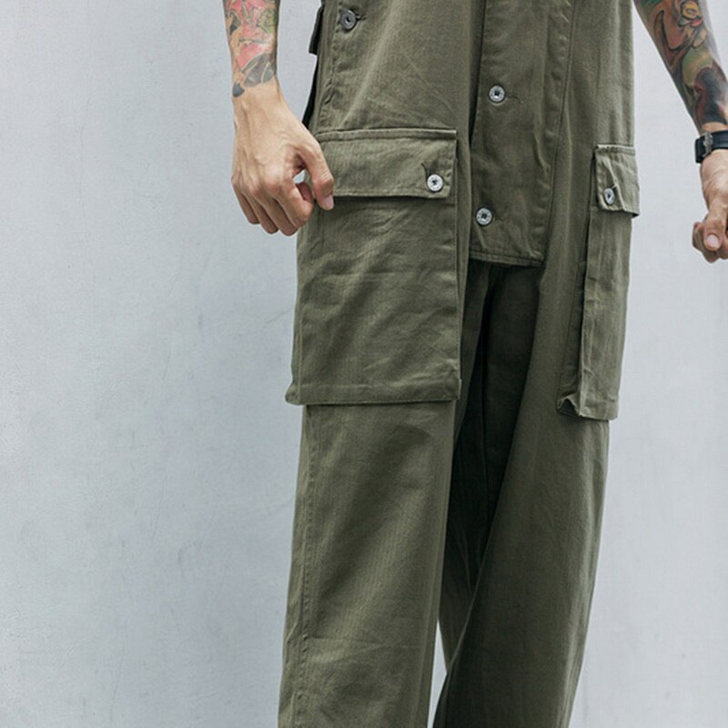 Vintage Multi Pocket Overalls Casual Mannen Jumpsuit Streetwear Losse Een Stukken Caro Broek Riem Pantalon Hombre Past Zomer