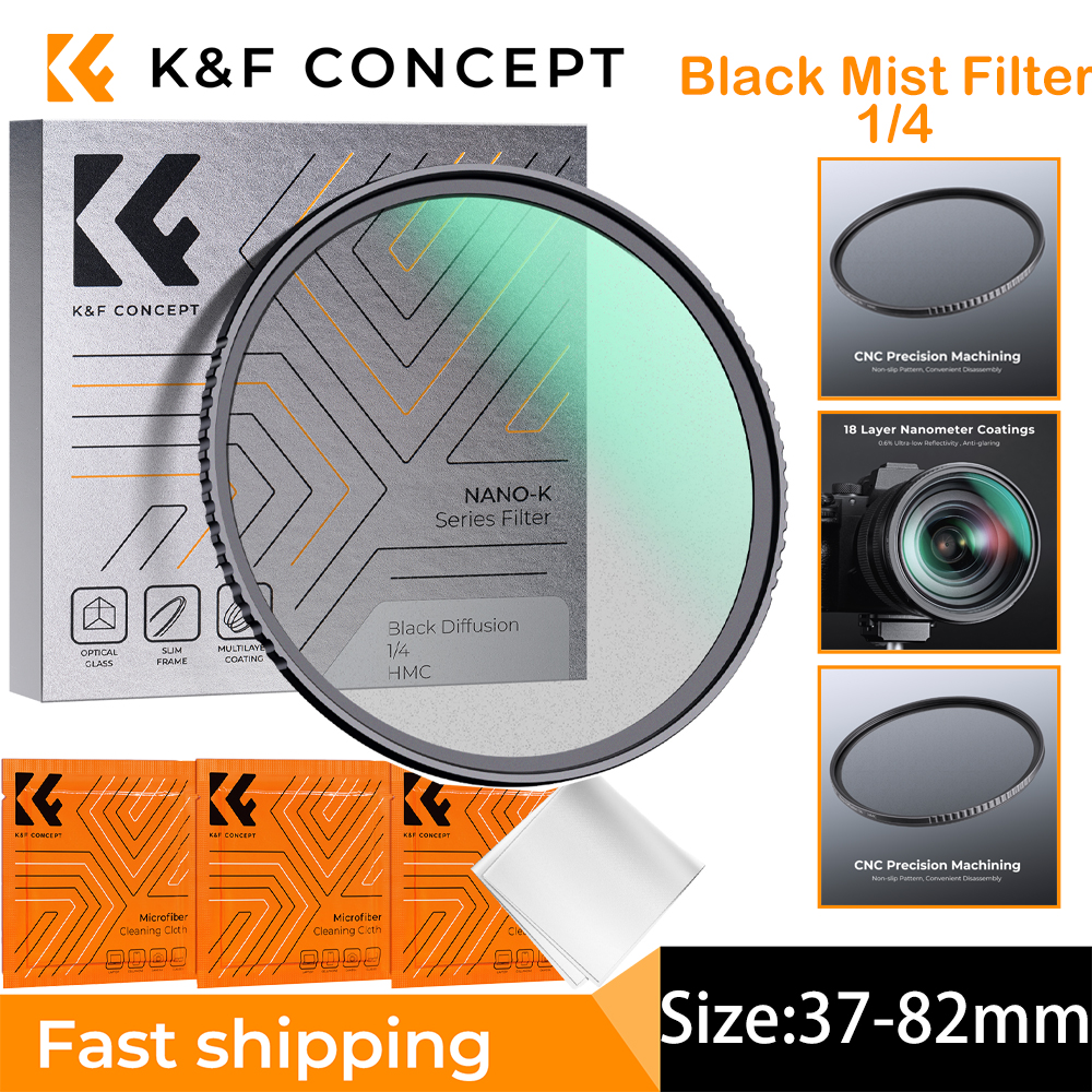 K & F Concept Filtro de niebla negro 1/4 filtro de niebla 55mm 58mm 62mm 67mm filtro 3 uds paño de limpieza con 18 recubrimientos multicapa Nano K