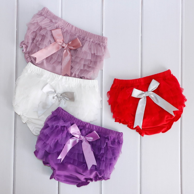 Bombachos para bebés, pantalones cortos de princesa para niñas, con lazo de malla con volantes, bragas y pañal de algodón para niños pequeños