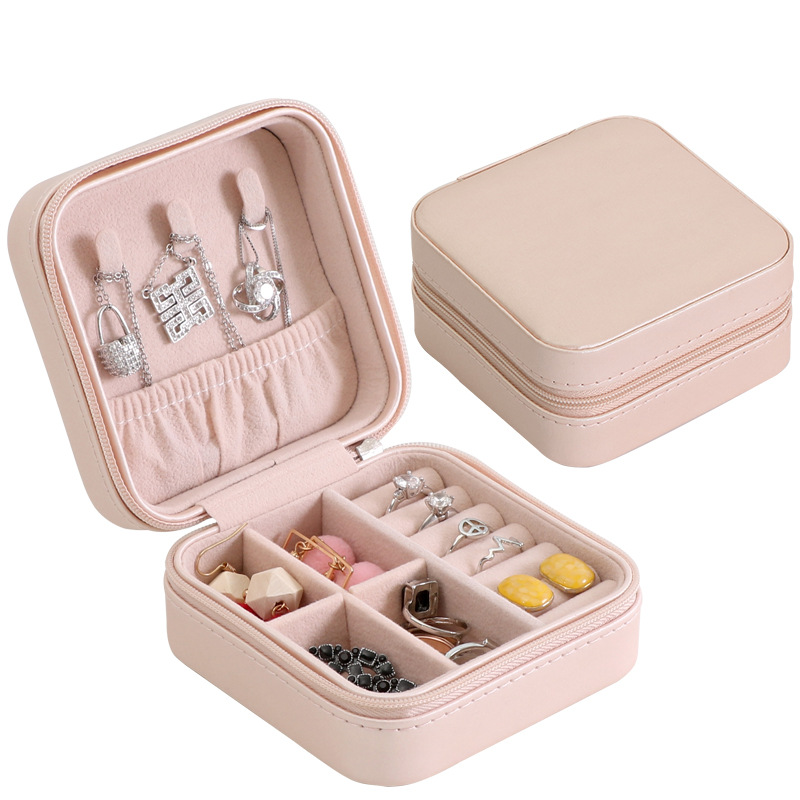 Guanya, novedad, Mini pendientes de tuerca, caja de joyería, organizador de maquillaje útil con cremallera, viaje, estuche de exposición portátil, para mujer: Pink 1layer