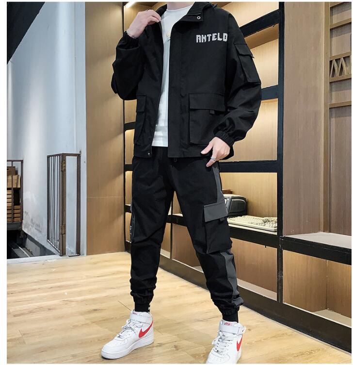 Herfst Mannen Trainingspak Sets Zakken Rits Fitness Casual Pak Mannen Met Lange Mouwen Jas + Broek 2 Stuks Mode Heren Sportkleding suits: Black / Xxl