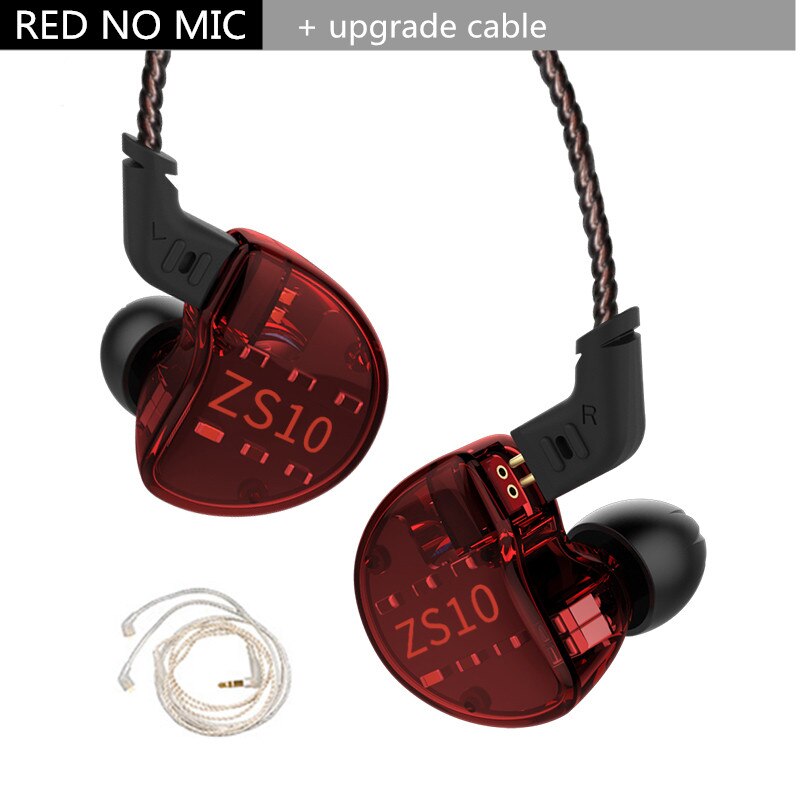 KZ ZS10 4BA+1DD Hybrid In Ear Earphone HiFi Earphone Earplug Headset Earbud Noise Cancelling DJ Earphone AS10 ZST: red no mic silver