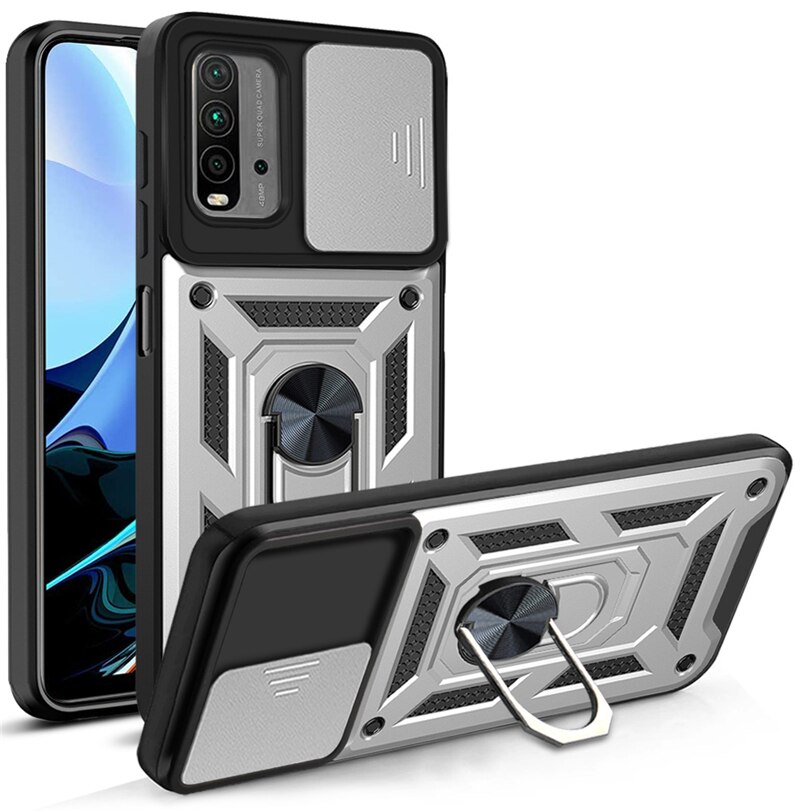 Für Xiaomi Redmi 9 T Magnetische Ring Stehen Stoßfest Rügestochen Telefon fallen Für Redmi 9 T gleiten drücken ziehen Kamera objektiv Schutz Abdeckung: Splitter