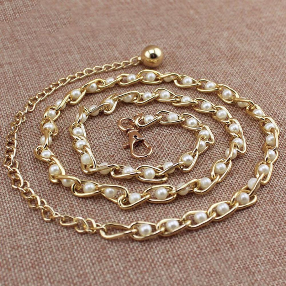 Women's Candy Color Pearl Beads Metal Thin Waist Belts Luxury Brand Harajuku Slim Chain Belt Dress Accessories Cinturon Mujer: white