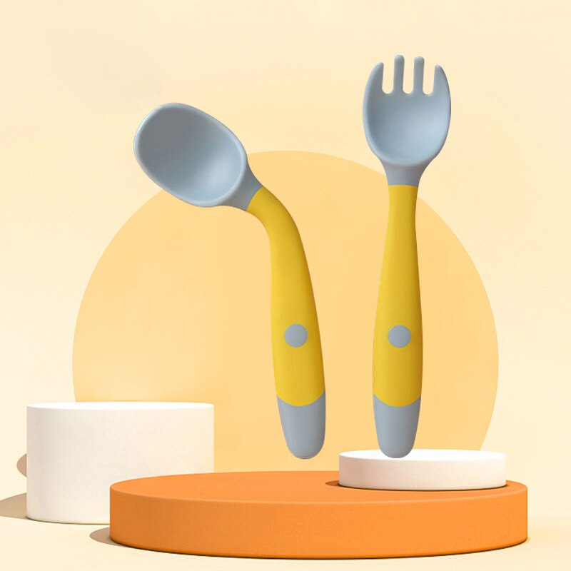 Baby Draagbare Zachte Twist Lepel Vork Voeden Training Set Kind Kid Gerechten Peuter Voeden Accessoires Kinderen Servies Goederen: YELLOW