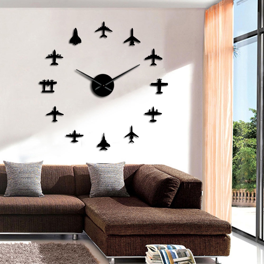 Flyvende fly jagerfly moderne diy kæmpe vægur akryl spejl overflade klistermærke flyvæg ur flyger pilot hjem indretning