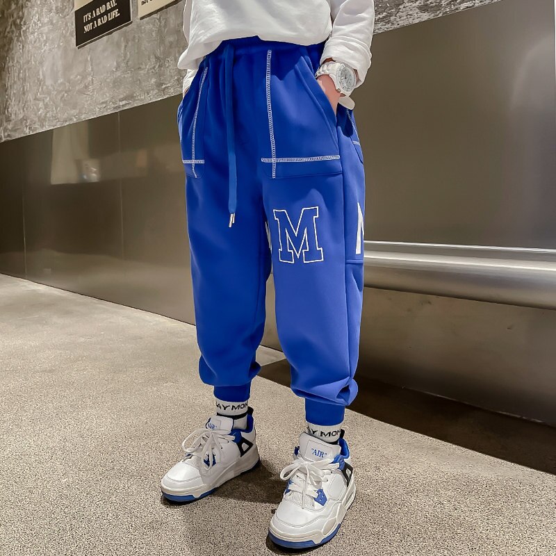 Pantalones largos y holgados para niños y adolescentes, Pantalón deportivo informal con estampado de letras, color negro y azul, 5, 6, 8, 9, 10, 12 y 14 años, primavera y otoño, 2022: Azul / 5