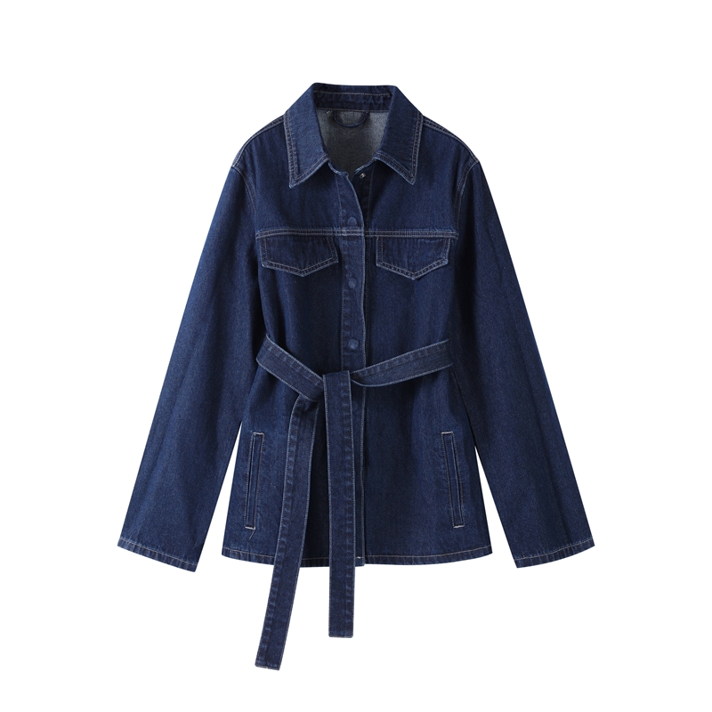 Vintage tweedelig denim set voor dames, bestaande uit een single-breasted jasje met revers en riem, en een bijpassende high-waist straight leg jeans. een casual outfit voor elke dag.: Ik / Zwart