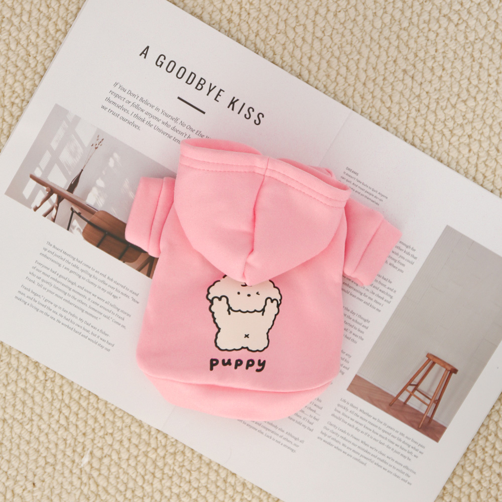 Cat and dog clothes for autumn and winter, made of milk silk and flannel, with a cute dog print hoodie and drawstring buckle: L / Pink