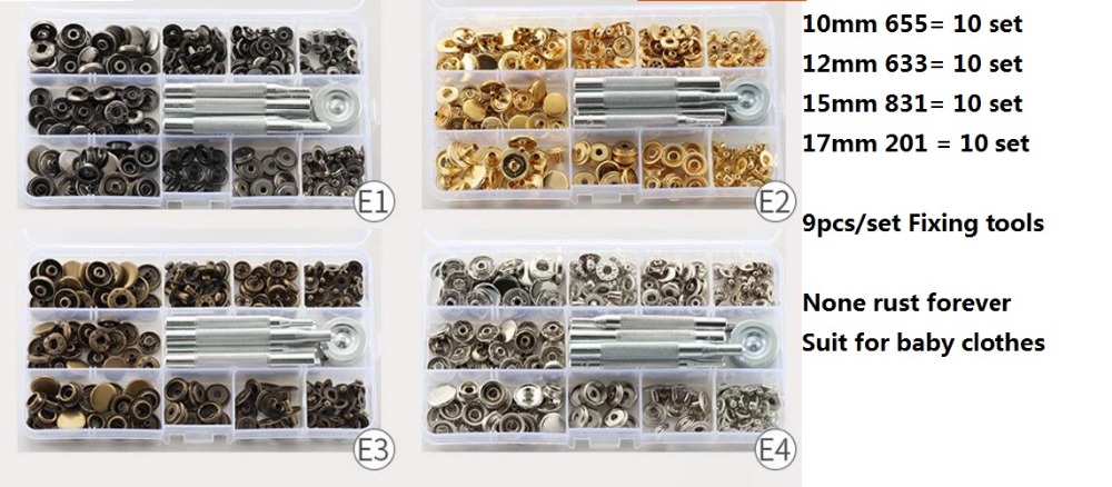 40 set/box 10mm 12mm 15mm 17mm Drukknoop Druk Stud Knoppen + 9 stks Fixing Gereedschap Kit Handgemaakte Patchwork