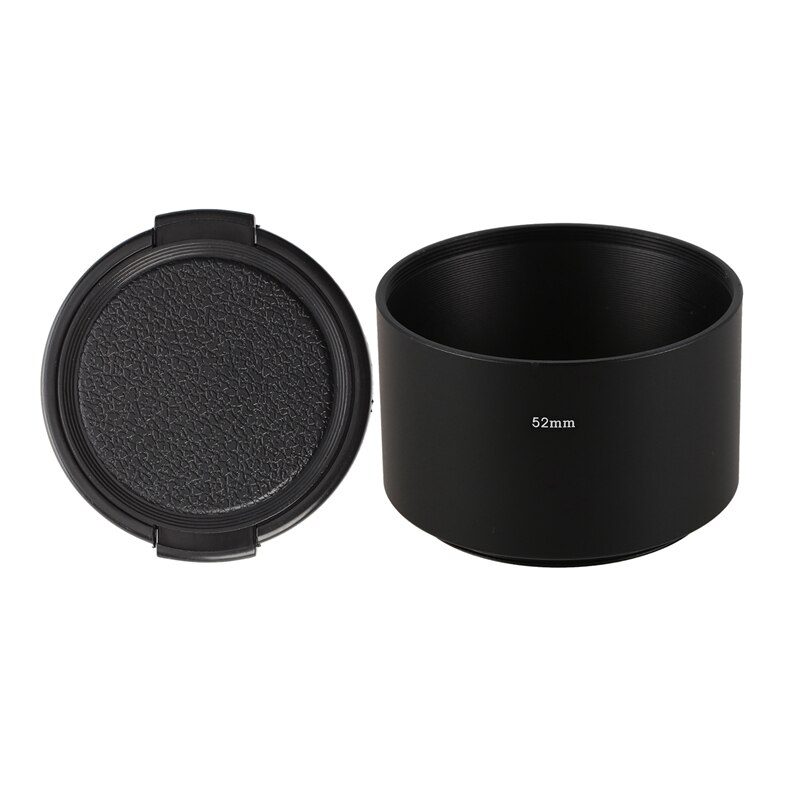 Tapa de cubierta de lente de cámara y 52Mm para filtro de cámara, 1 pieza de plástico negro texturizado, montaje de rosca de 52Mm, parasol de lente de Metal