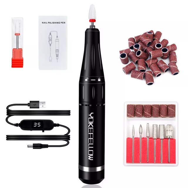 Electric Nail Drill Machine For Acrylic Gel Polish File With Cutter Strong Nail Sander 30000RPM Cordless Portable Nail Drill Pen: 35000RPM-BK
