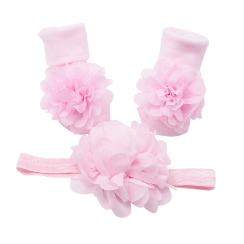 Baby Girl Elastic Hairband Children Hair Wear Flower Headband Baby Hair Accessories and Cute Lace Floral Cotton Socks set: P