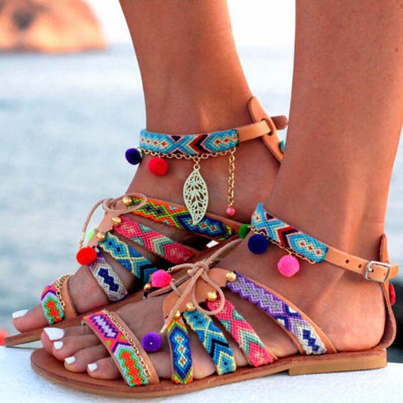 Sandalias de las mujeres zapatos de verano bohemio sandalias gladiadoras de cuero pisos zapatos de verano Zapatos Sandalias playa Mujer para las mujeres Sandalia Mujer: 43