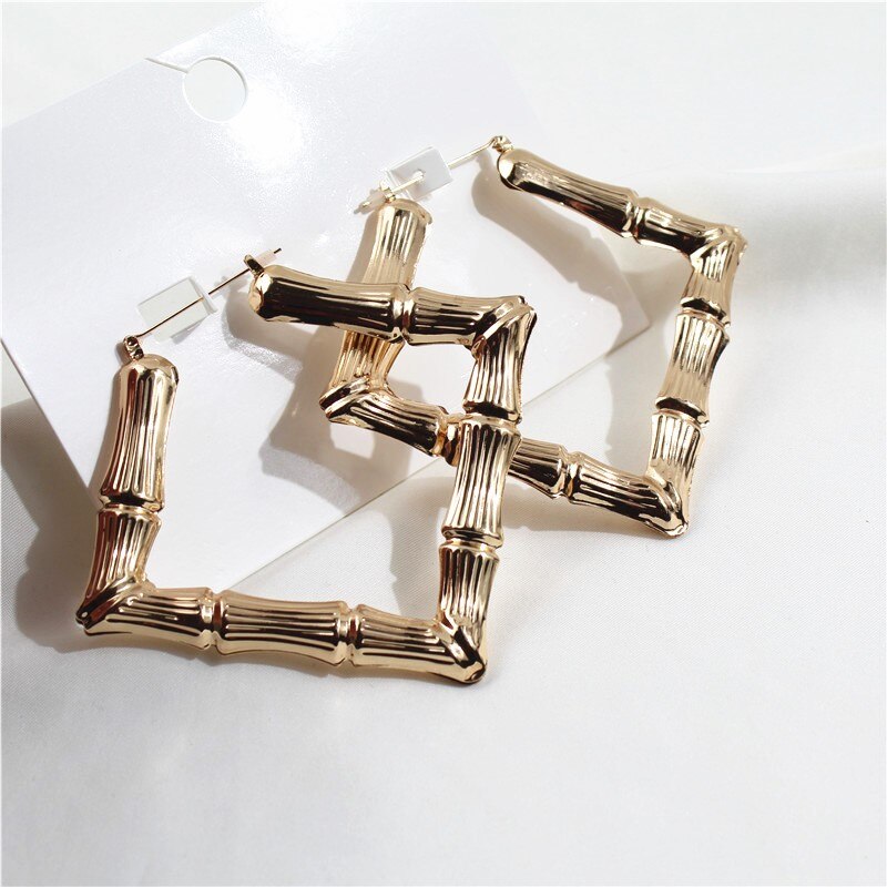 Hip Hop Gold Color Metal Large Square Bamboo Earrings Big Circle Bamboo Joint Hoop Earrings For Women Jewelry Party: Square