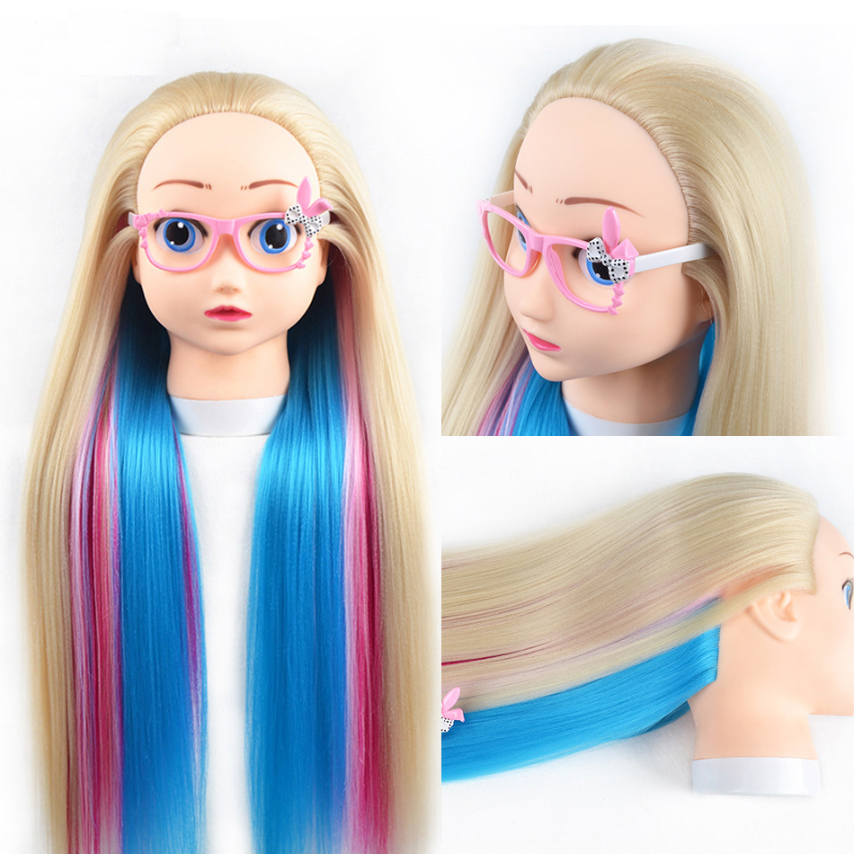 Female 3D Blue Eye Blonde Gold Human Hair Mix Synthetic Curl Training Styling Head Mannequin Doll: WHITE
