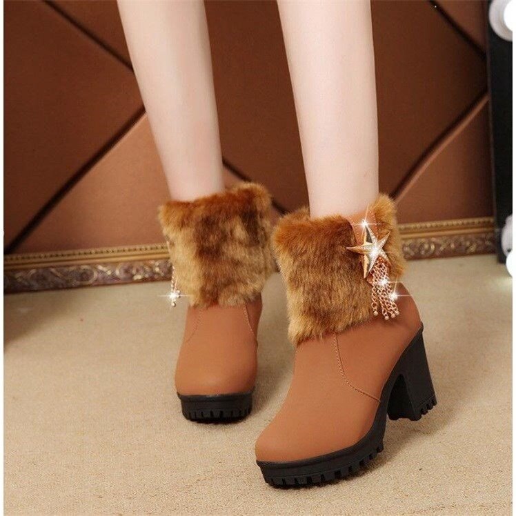 Bont Hoge Hakken Vrouwen Winter Snowboots Warme Hoge hakken Dames Martin Laarzen Rits Rubber vrouwen Winter laarzen