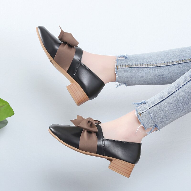 Zapatos informales con lazo para mujer, alpargatas planas de cuero, zapatos estilo oxford para dama, tacones cuadrados a la , sin cordones