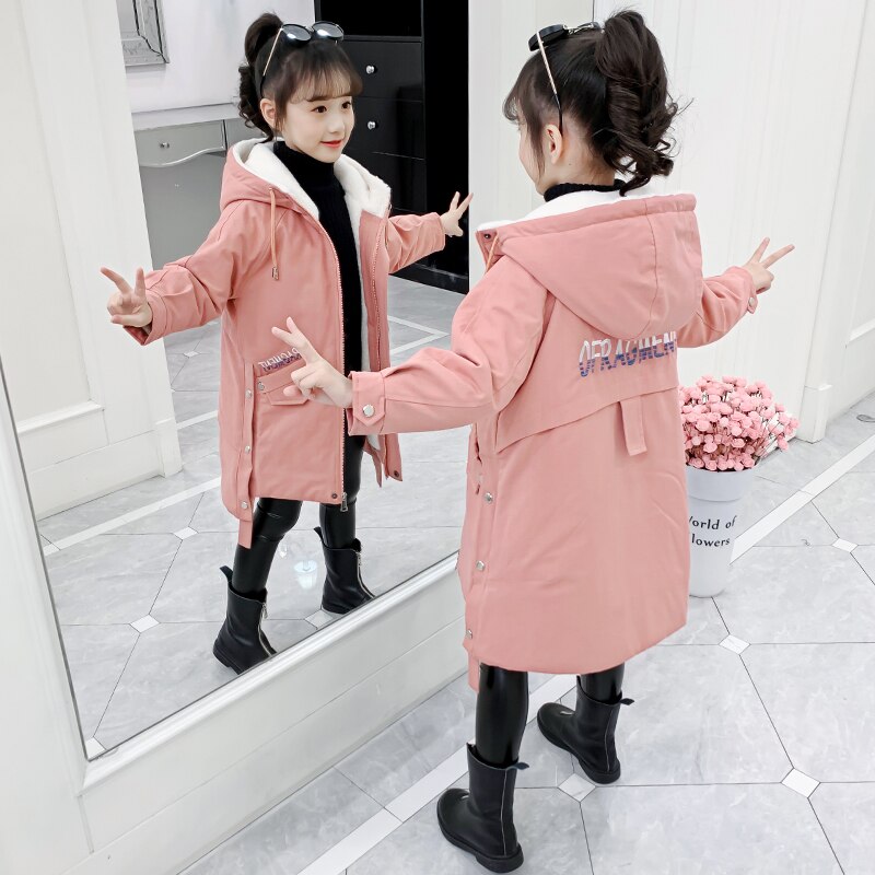 Girl clothes Winter Long coat Warm Plus Velvet Princess Cotton jacket Kid Outdoor Thick Parka Clothing Hooded Outerwear: Pink / 13T
