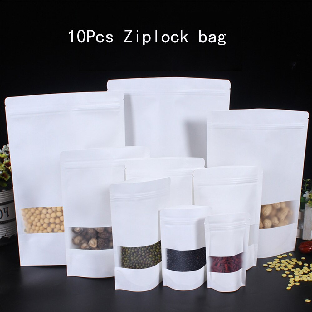 10Pcs Zip Lock Kraftpapier Venster Zak Stand Up Gedroogd Fruit Thee Verpakking Pouches Rits Self Sealing Party frosted Bag