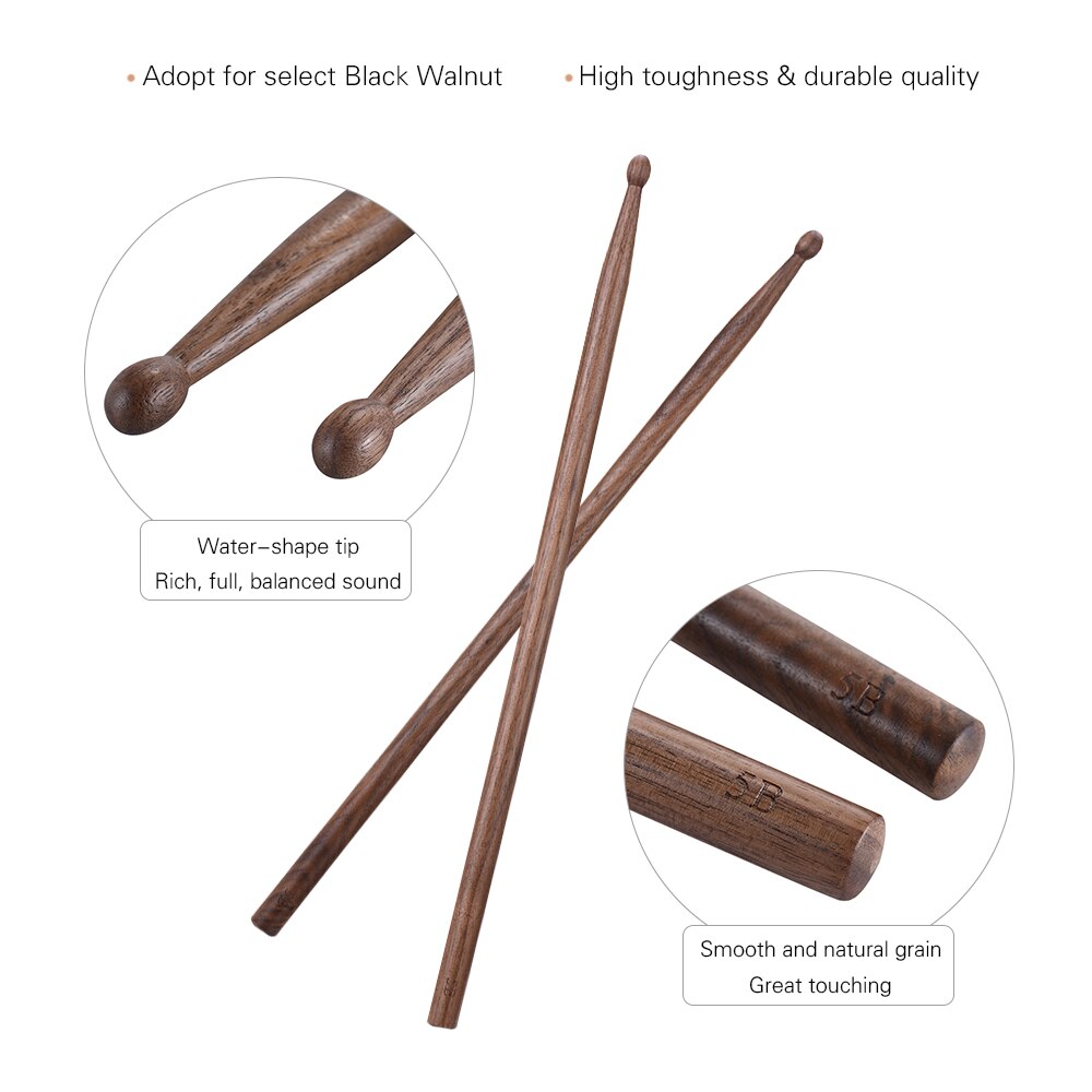 Pair of 5B Drumsticks Sticks Wave-shape Wood Tip Percussion Accessories for Drum Set Adopt for Black Walnut Wood