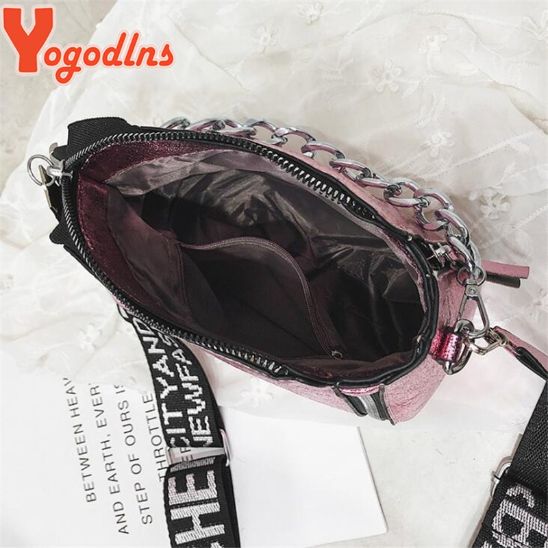 Yogodlns Tide Ladies Letter Handbags Wide Strap Chains Shoulder Bag Women Crossbody Bags Bolsa Girls Small Purse