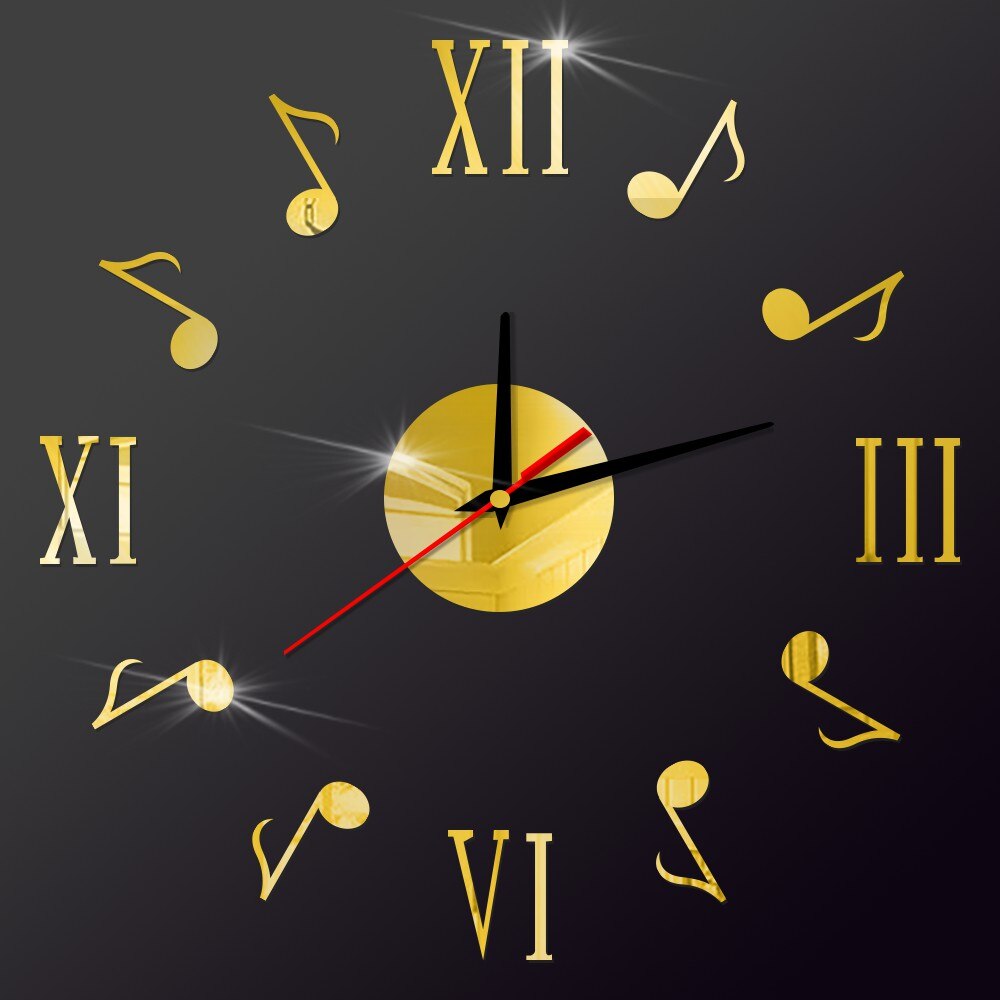 Musical Note DIY Wall Clock Acrylic Unique Quartz Silent Clock Modern DIY Self-adhesive Mirror Home Decoration: D / 14inch