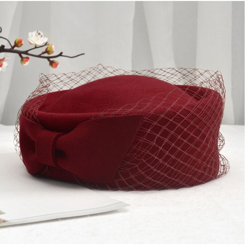 FS British Vintage Bowknot Black Veil Fascinator Hat Women Wool Felt Pillbox Hats Bridal Wedding Party Fedora Church Beret: Wine Red