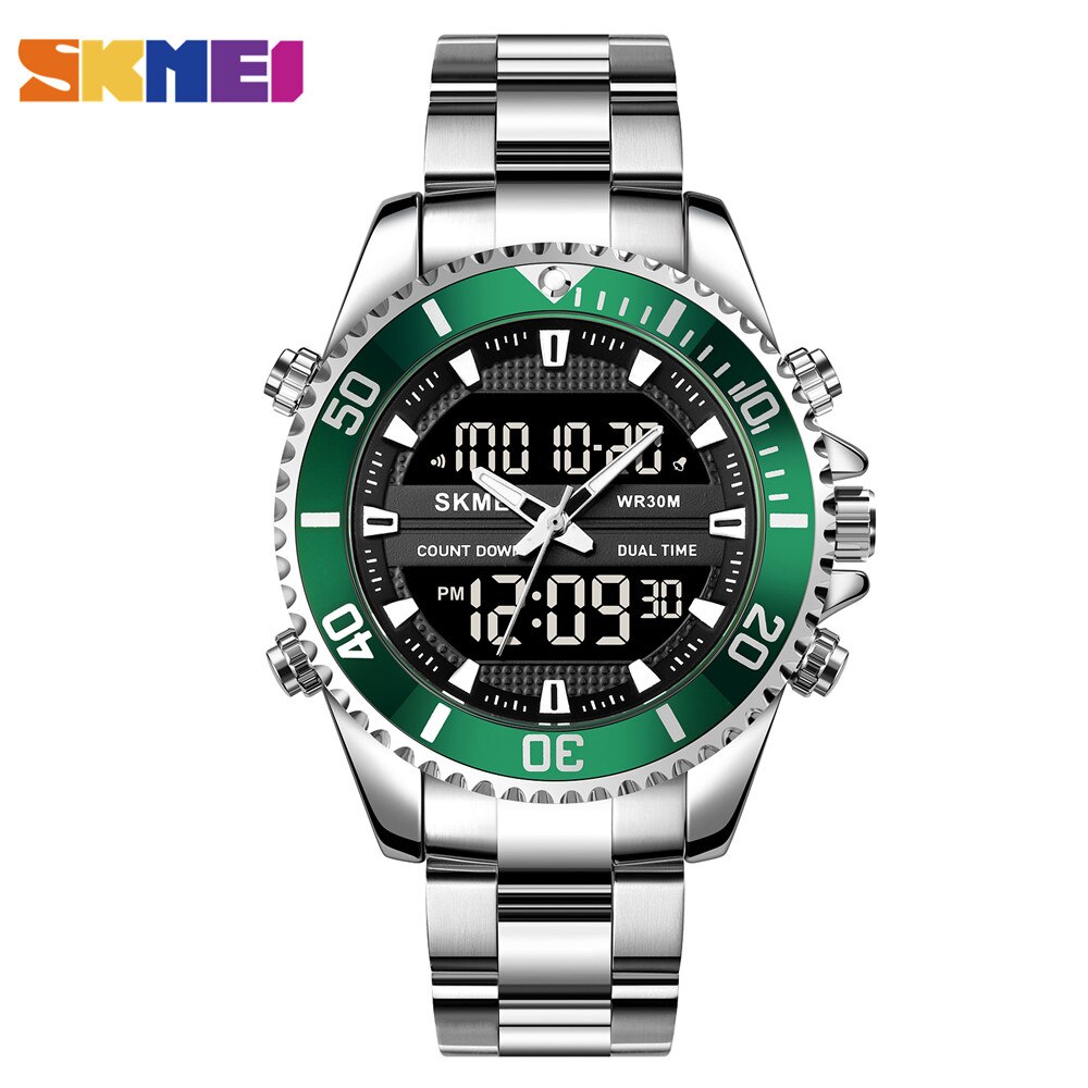 Skmei Dual Display Horloges Heren Mode Digitale Horloges Chrono Alarm Mannen Klok Waterdichte Rvs Relogio Masculino: silver green