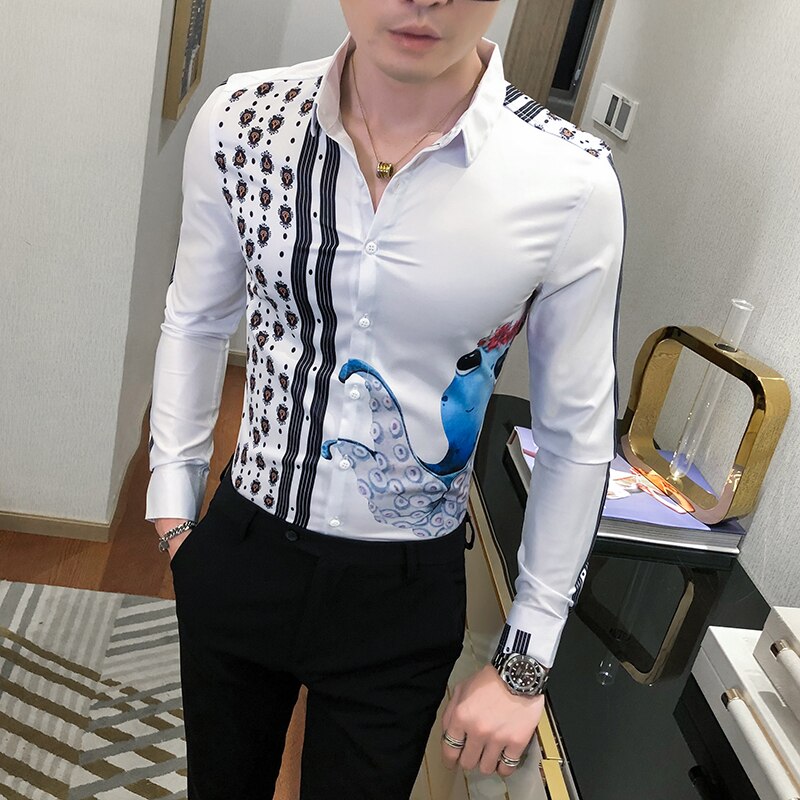 Syksyn miesten paidat digiprintti valkoiset paidat miehille vaatteet korealainen slim fit pitkähihainen miesten smokkimekko 3xl: Valkoinen / Aasialainen  xl 60-65kg