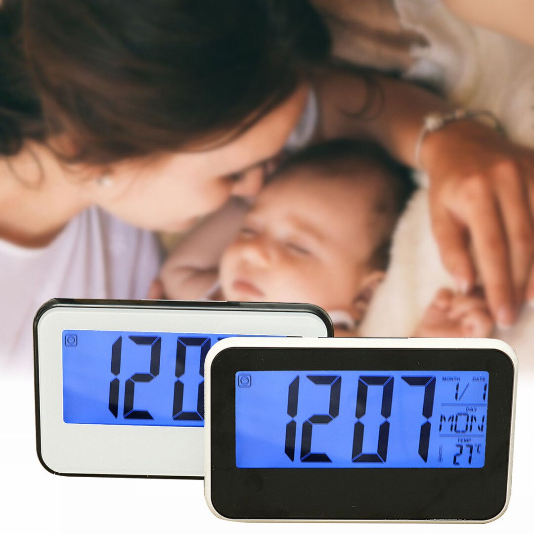 LCD Display Digital Backlight Alarm Clock Thermometer Sound Controlled Home Calendar Date Display Snooze Function