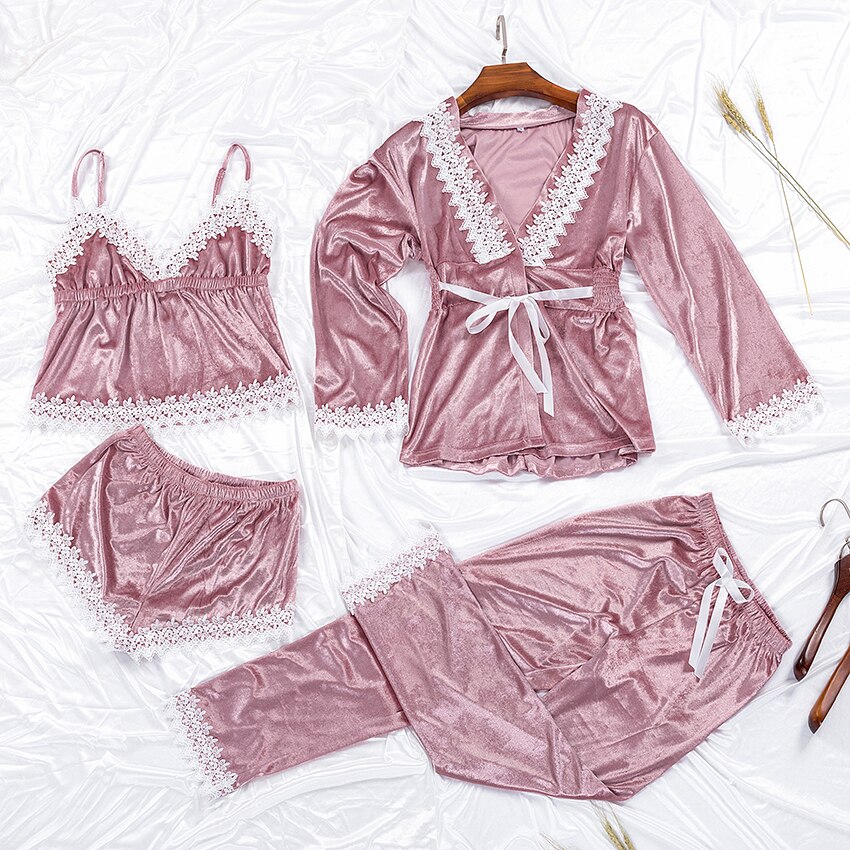 Túnica para mujer de terciopelo rosa clave de VICTORIA'S y conjuntos de vestidos de encaje Albornoz Cami y pantalones 4 piezas ropa de dormir Conjunto de pijama ropa de dormir femenina: L