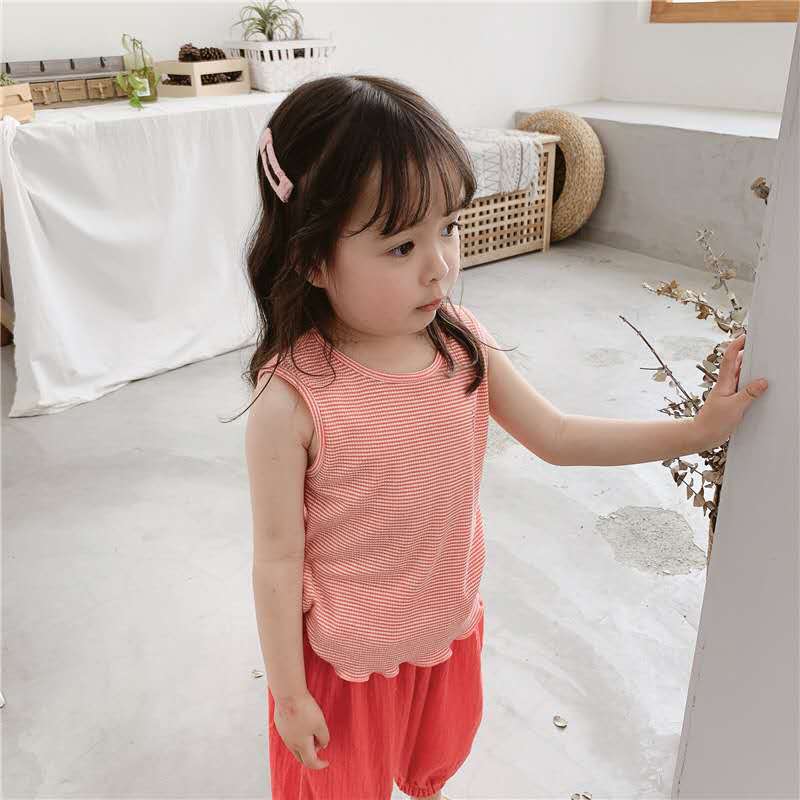 2020 roupas para crianças verão novas meninas coreano listrado colete camisa de fundo: Vermelho / 110cm
