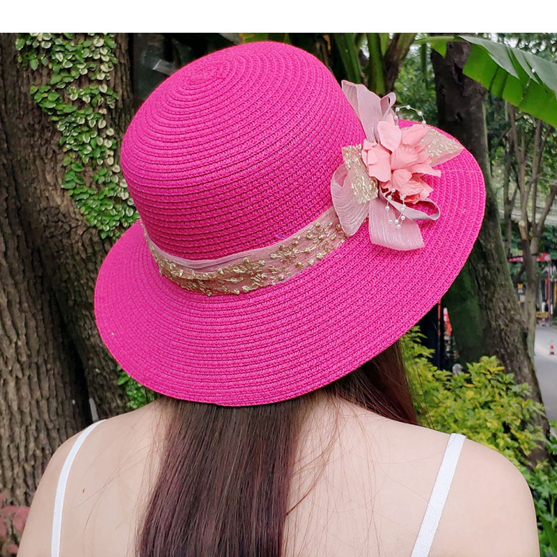 Women Summer Women's Sun Hat Bucket Cap Beige Lace Bowknot Flowers Ribbon Flat Top Straw Hat Beach Caps Panama
